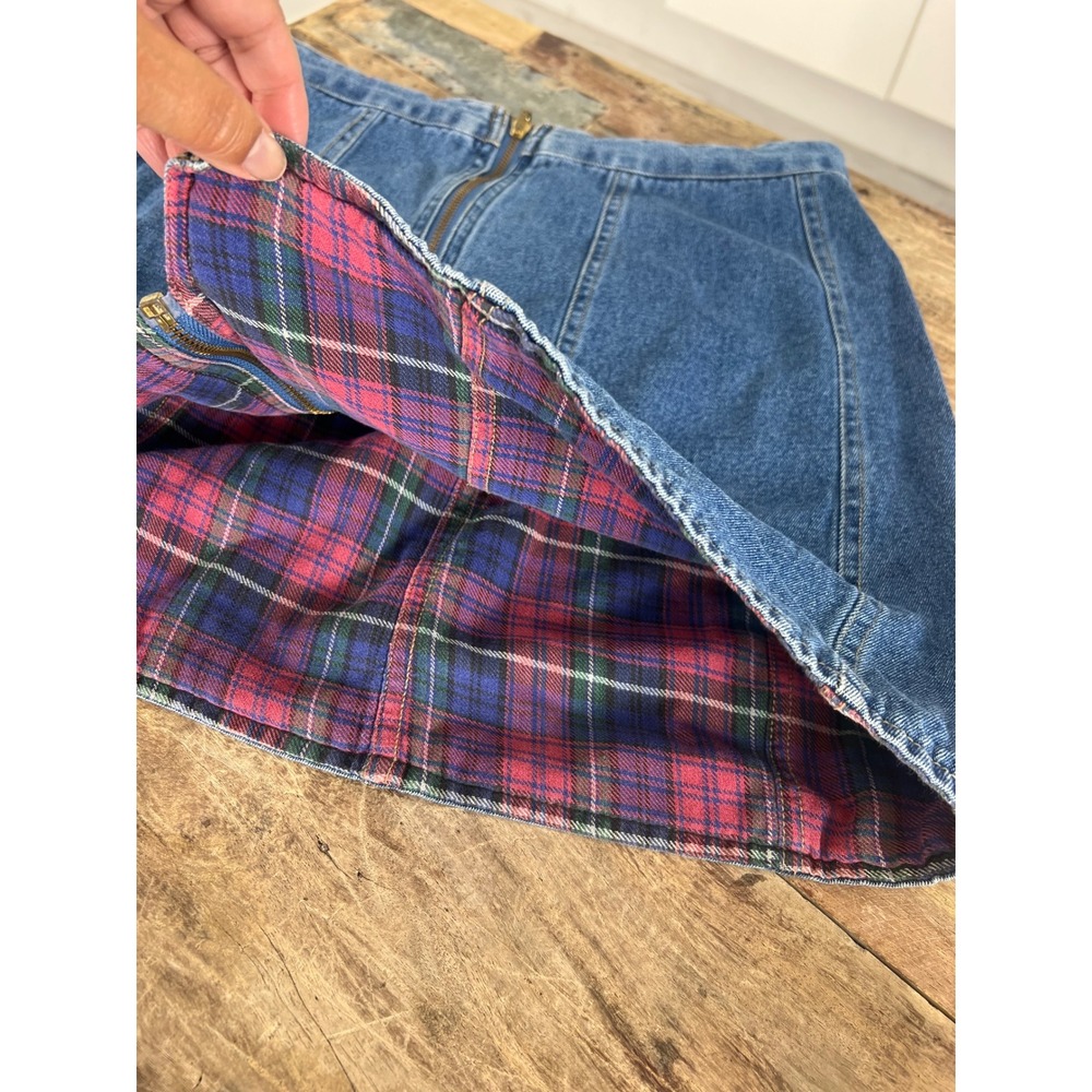 Vintage Reversible Denim Mini Skirt Plaid Flannel Lined Blue Zip Front 90s Skirt